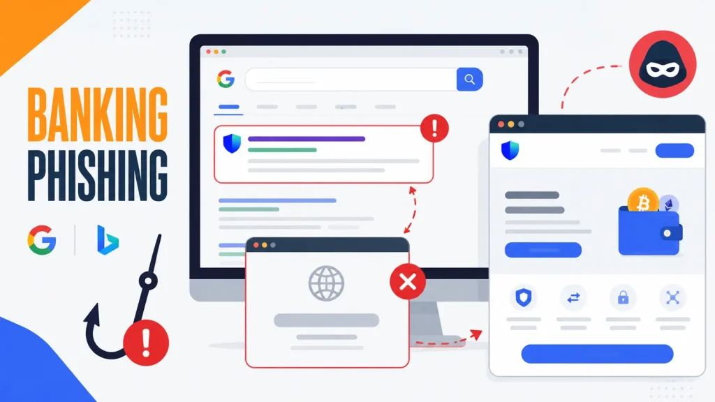 Illustration of Banking Phishing with fake search results, warning icons, a phishing hook, and hacker symbol, emphasizing online threats in banking through search engines like Google and Bing.