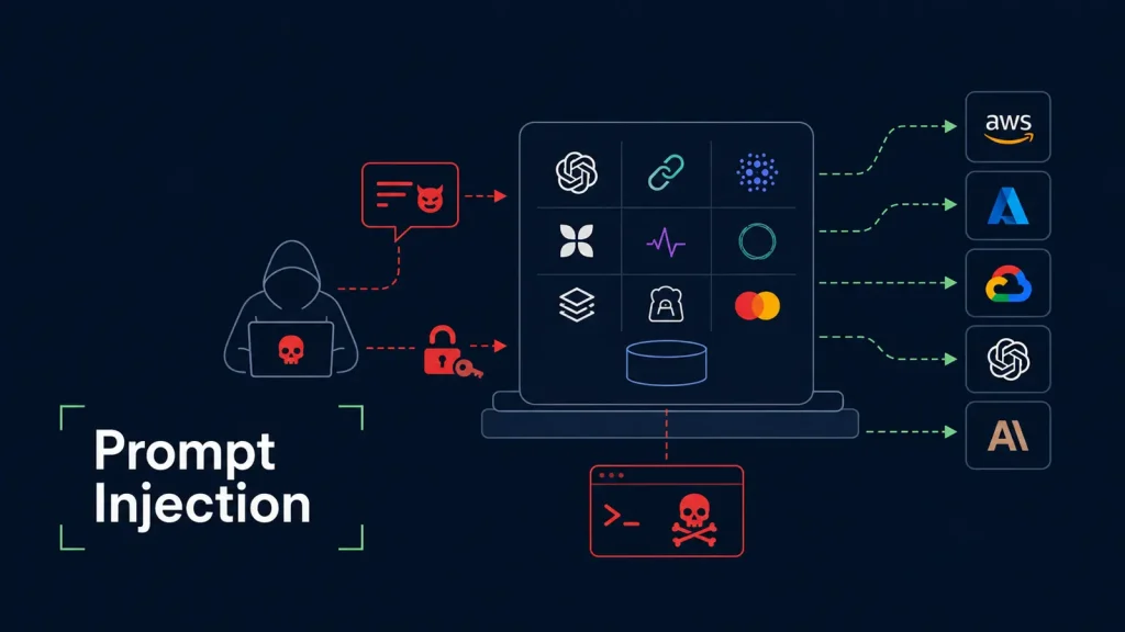 Hackers-Target-AI-Infrastructure-With-RCE-Prompt-Injection-and-API-Key-Theft-1024×576 Diagram showing a hooded figure hacking into a laptop, leading to compromised apps and services, with arrows indicating connections to various cloud and AI platforms. Text reads Prompt Injection..
