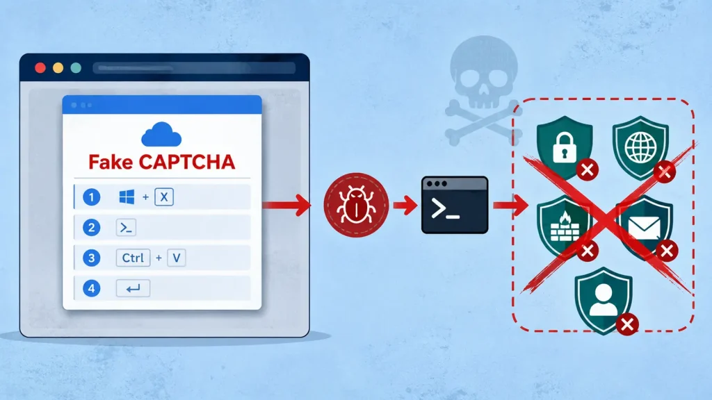 Illustration showing a fake CAPTCHA leading to malware, which bypasses security icons for web, email, and network protection, with red X marks over the defenses.