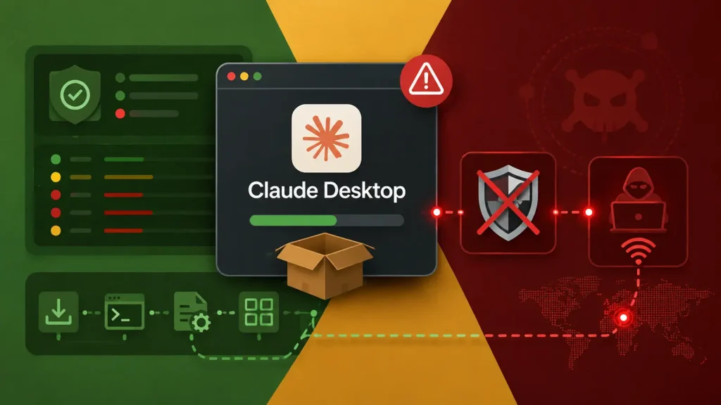 Hackers-Use-Fake-Claude-Desktop-App-to-Disable-Defender-and-Install-Remote-Access-Malware-1024×576 Illustration showing Claude Desktop being installed, with security icons on a green background left, and hacker/danger icons on a red background right, highlighting cyber security risks and protection.