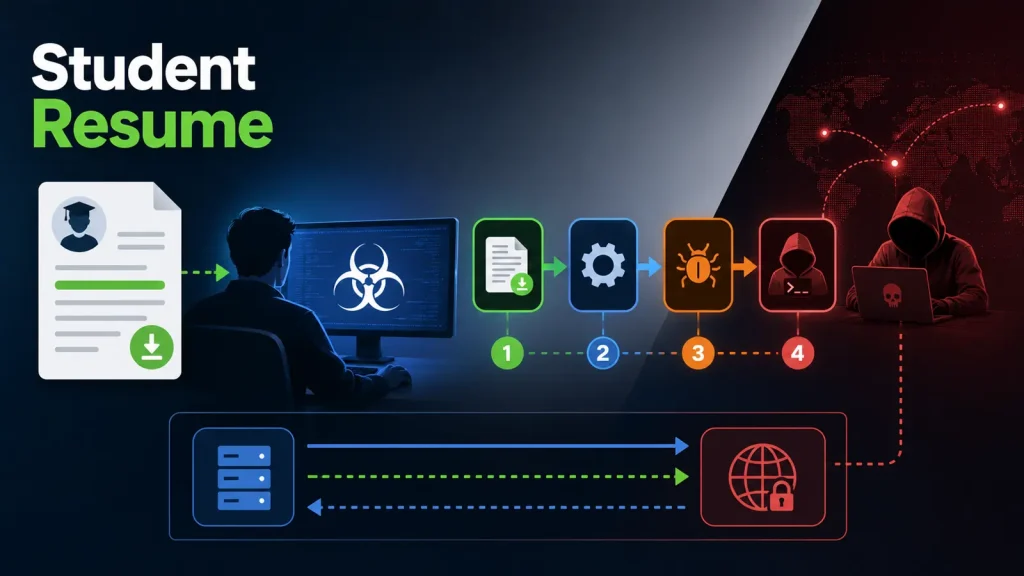 Hackers-Use-Fake-Student-Resume-to-Secretly-Install-Malware-on-Researchers-Computers-1024×576 A student resume on a computer leads to a cyberattack, showing a process of infection, hackers, and internet security breach illustrated with icons and a hooded figure.