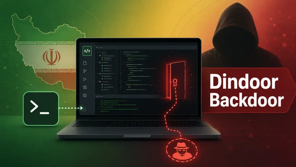 Iran-Linked-Hackers-Abuse-Legitimate-Developer-Tool-to-Hide-Dindoor-Backdoor-1024×576 A hooded figure and a laptop with code appear in front of an Iran map, text reads Dindoor Backdoor, suggesting cybersecurity or hacking.