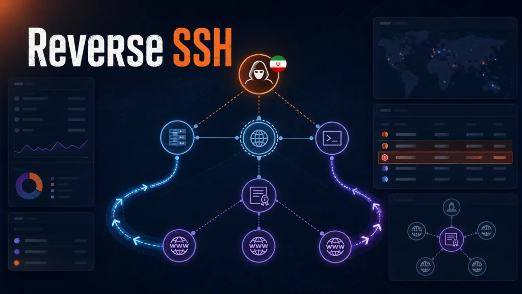 Iran-Linked-Hackers-Expand-Attacks-With-New-Backdoor-and-Reverse-SSH-Tunnels-1024×576 Diagram illustrating Reverse SSH with interconnected nodes, charts, and a central hacker icon, showing data flow and security threats, with graphs and a world map on a dark background.