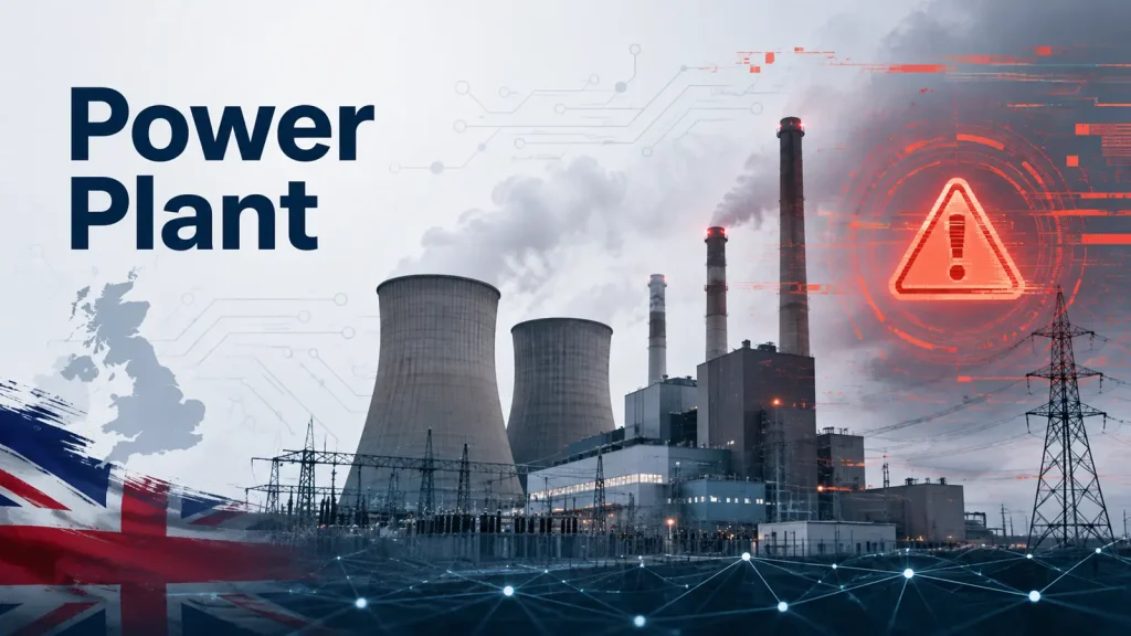 Iran-Linked-Hackers-Reportedly-Knock-UK-Power-Plant-Offline-for-Four-Days-1024×576 A power plant with cooling towers and chimneys emits steam. Digital graphics show a warning symbol, network lines, and a UK flag, indicating energy or safety concerns. Text reads Power Plant..