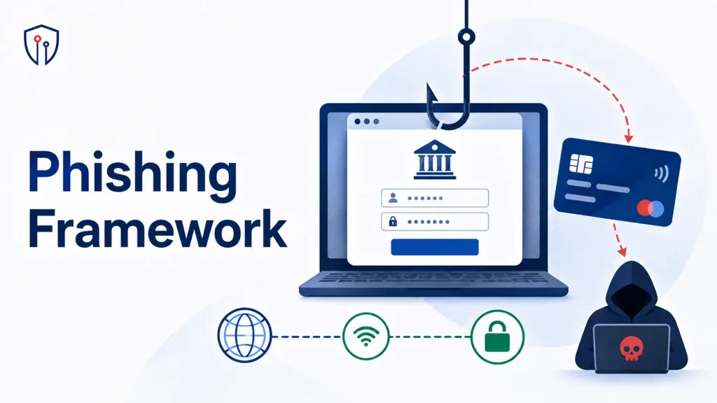 JWR-Phishing-Framework-Uses-Real-Time-WebSocket-Control-and-AES-Encryption-to-Steal-Banking-Credentials-1024×576 A graphic showing Phishing Framework text, a phishing hook above a laptop with login fields, a credit card, a hooded figure, and icons for internet, wifi, and security padlock.