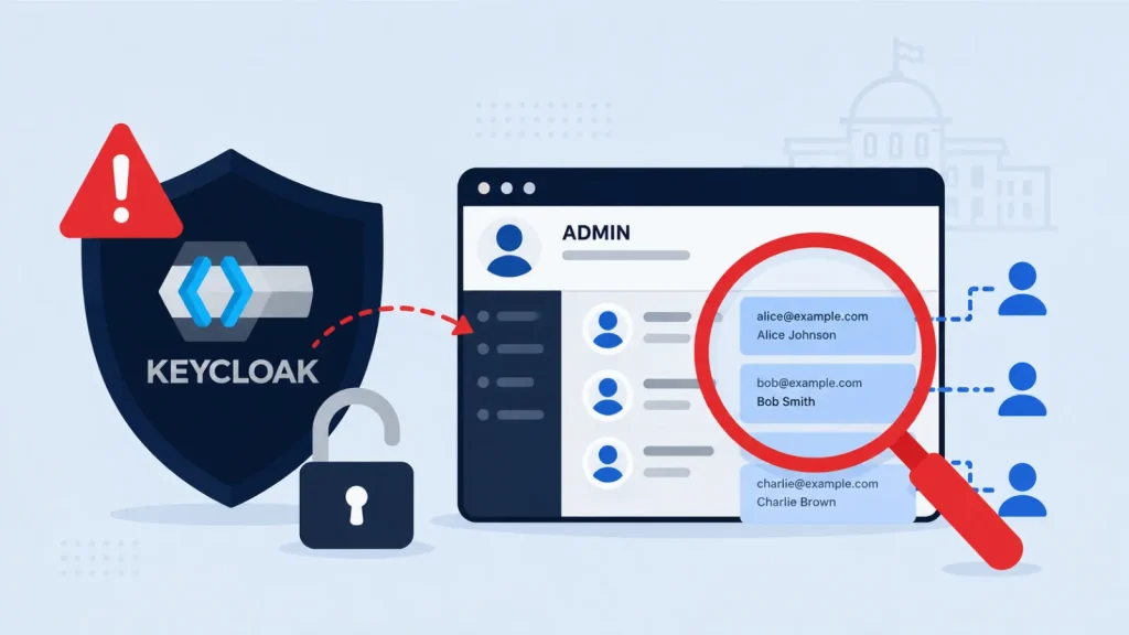 Illustration of Keycloak security, showing an admin panel with user emails highlighted by a magnifying glass, a shield icon, a padlock, and alert symbols, representing account access and data security.