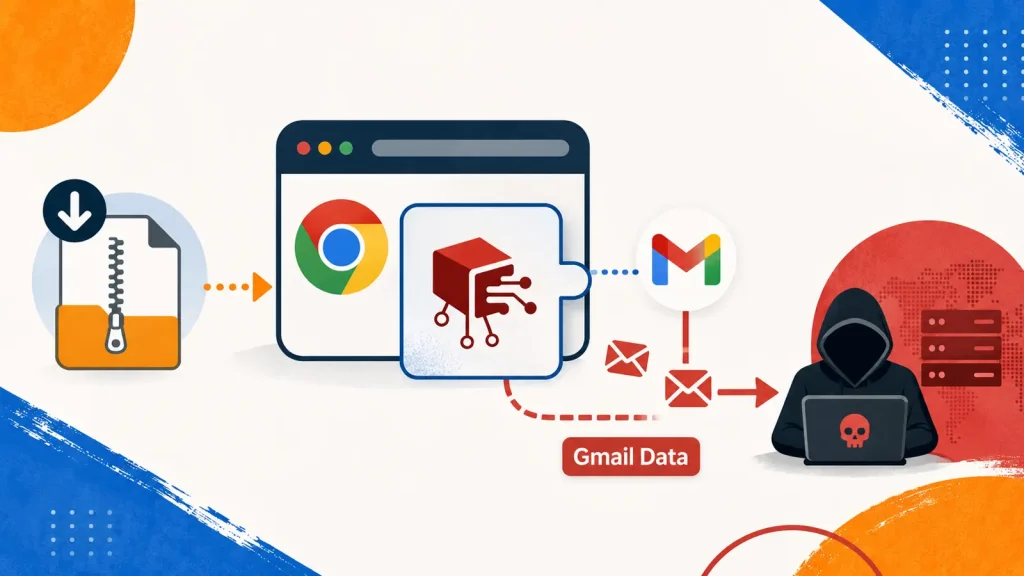 Diagram showing a file download, a Chrome browser window, and Gmail data flowing to a hooded figure at a laptop, implying data theft or cyberattack involving browser and email data.