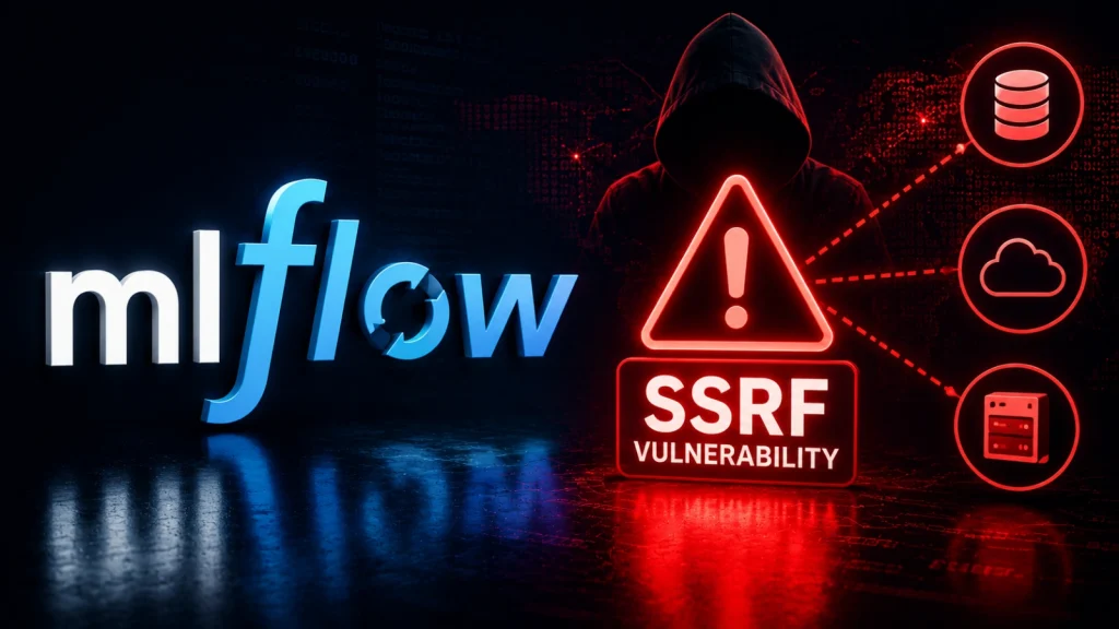 A hooded figure behind a warning sign reading SSRF Vulnerability with icons for database, cloud, and server, next to the mlflow logo on a dark background.