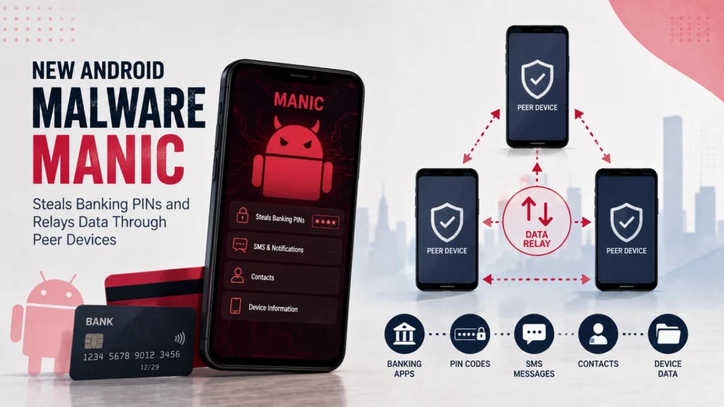 Manic-Android-Malware-1024×576 Infographic showing ANDROID MALWARE MANIC which steals banking PINs and data, relaying info through peer devices. Icons represent theft of banking app data, PINs, SMS, contacts, and device data.