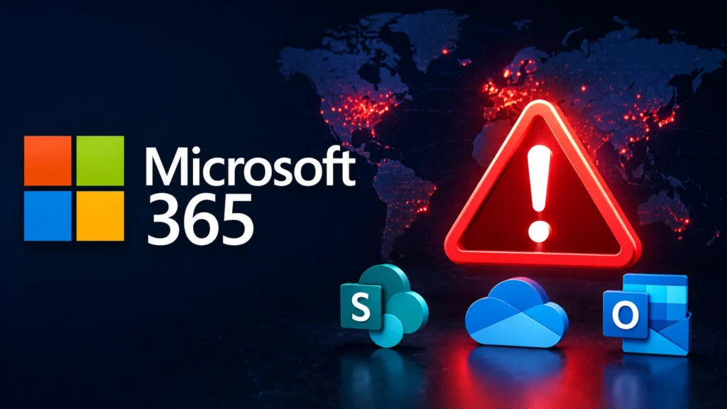 Microsoft 365 logo with apps and a warning symbol in front of a world map showing red lights, suggesting a global outage or security alert.