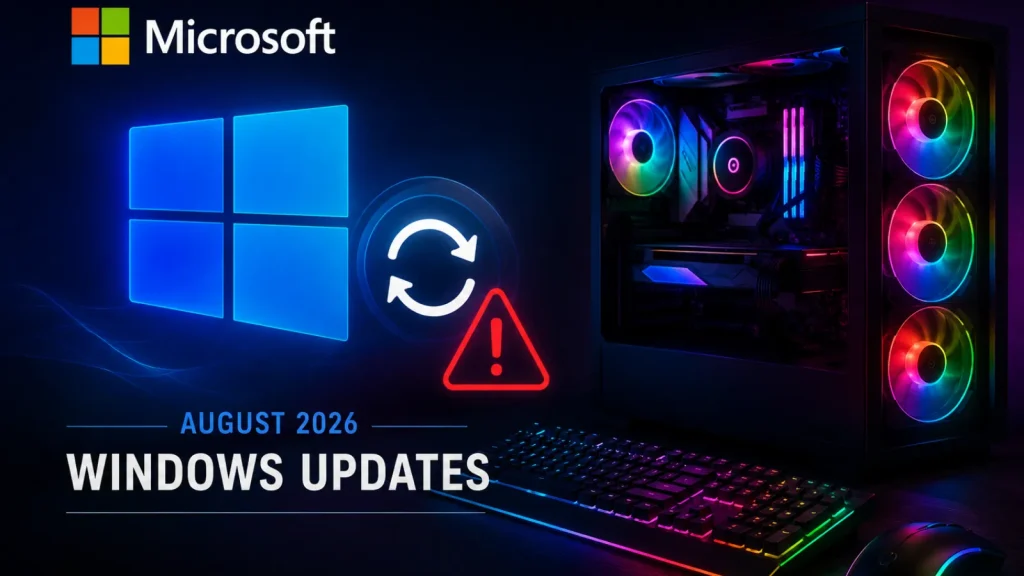 Microsoft-August-2026-Windows-updates-Triggers-issues-on-Devices-Using-RGB-lighting-features-1024×576 A gaming PC with RGB lights, Microsoft logo, Windows icon, sync and warning symbols, and the text August 2026 Windows Updates on a dark background.