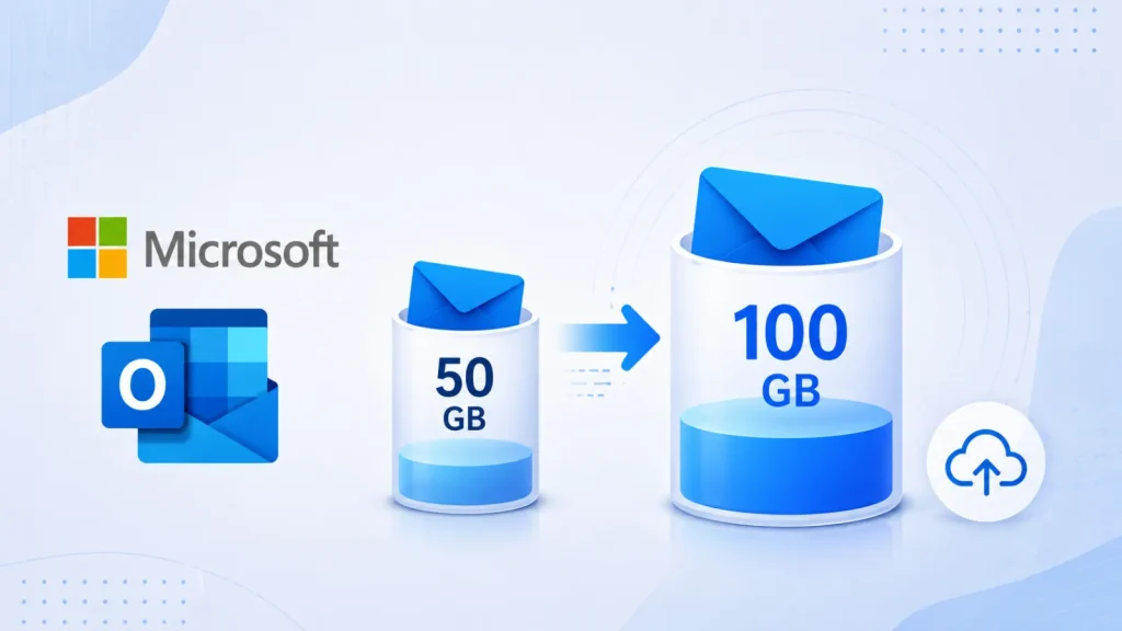 Microsoft-Expands-Mailbox-Storage-from-50gb-to-100gb-for-Users-1024×576 Microsoft Outlook logo next to two containers holding envelopes; the first labeled 50 GB and the second labeled 100 GB with an arrow between them, indicating increased storage capacity.