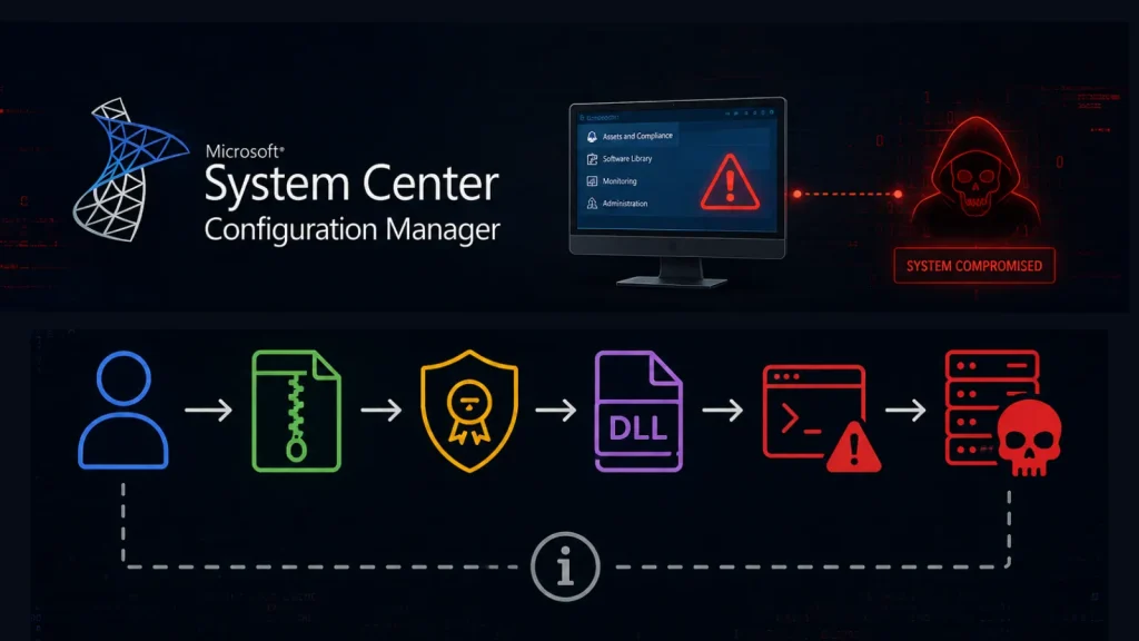 Microsoft-SCCM-Vulnerability-Chained-to-Execute-malicious-code-Remotely-1024×576 A diagram showing a computer hack of Microsoft System Center Configuration Manager, using icons for users, files, security, DLLs, and code, leading to a red alert with System Compromised and a hooded figure.