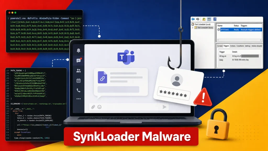 A laptop displaying a chat app is surrounded by code, a password phishing hook, warnings, and a padlock. The text SynkLoader Malware is at the bottom.