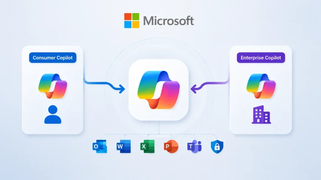 Diagram showing Microsoft logo with a central icon connected to Consumer Copilot and Enterprise Copilot, highlighting integration with Microsoft Office apps like Word, Excel, PowerPoint, Outlook, and Teams.