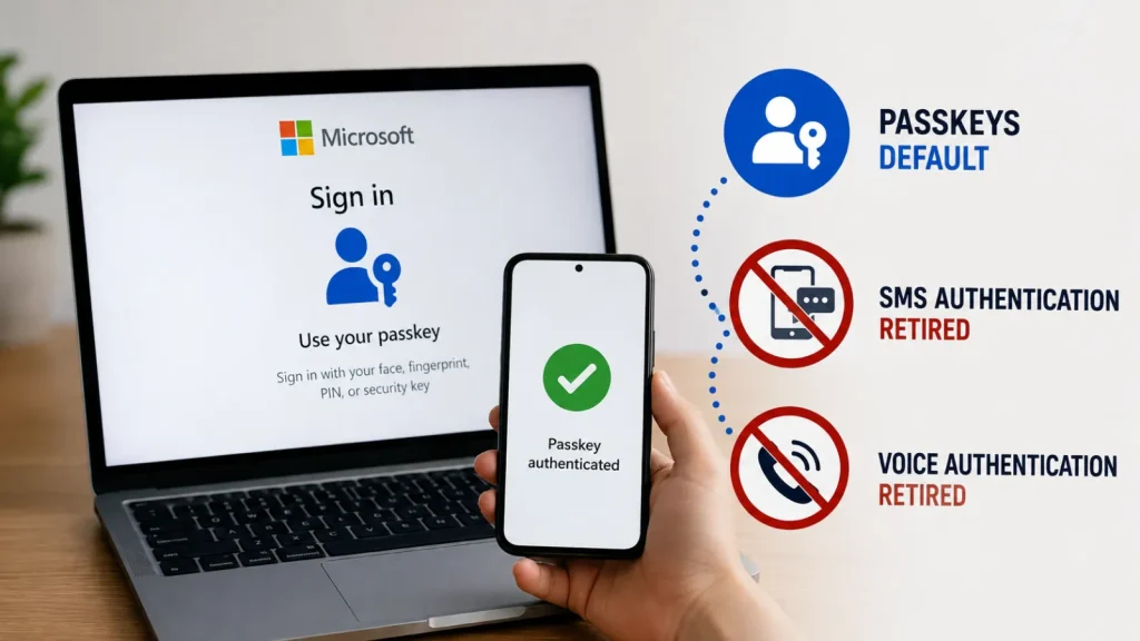 A person holds a phone showing Passkey authenticated in front of a laptop with a Microsoft sign-in screen. Text indicates passkeys are default, and SMS and voice authentication are retired.