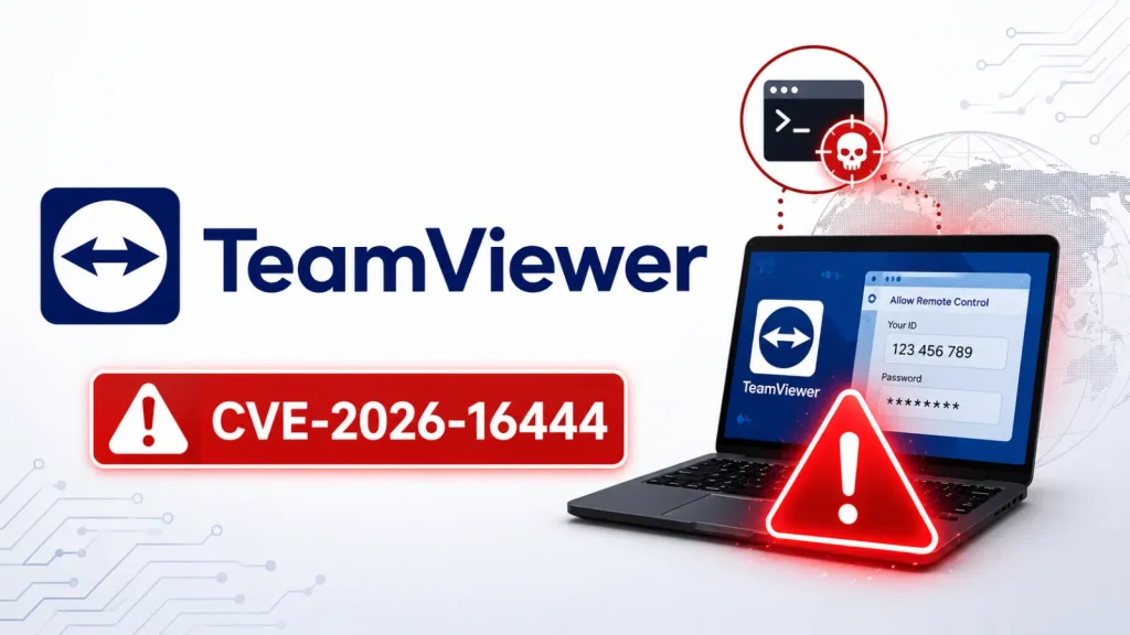 Multiple-TeamViewer-Vulnerabilities-Enables-Remote-Code-Execution-Attacks-1024×576 TeamViewer logo, a laptop displaying a remote control code, two red warning icons, and the text CVE-2026-16444 indicating a vulnerability alert.
