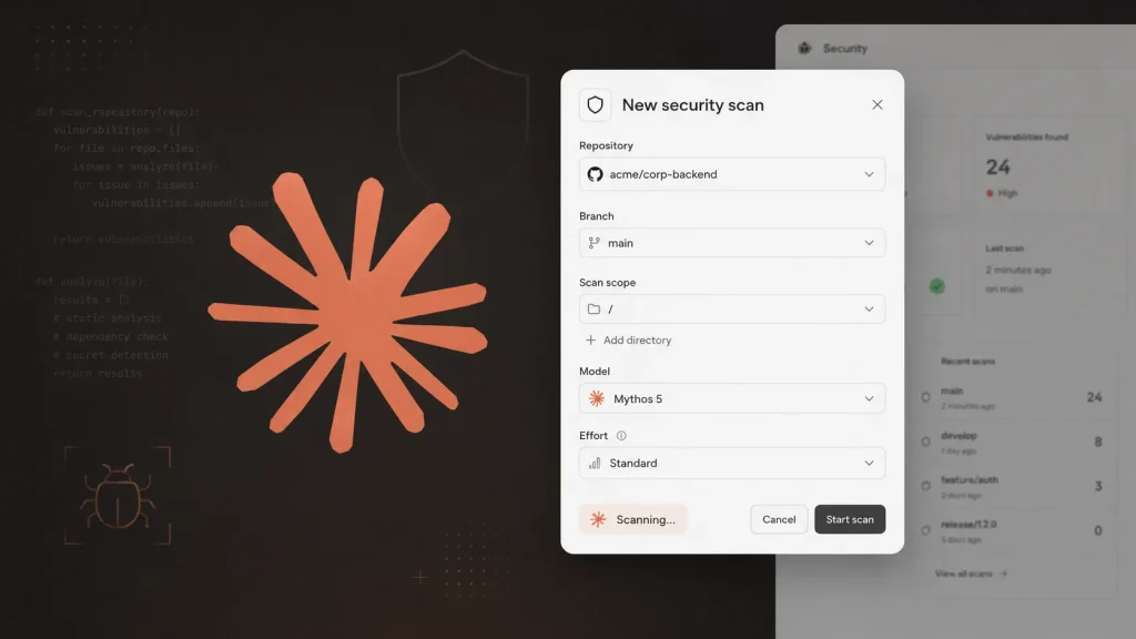 Mythos-5-Available-in-Claude-Security-1024×576 A software interface displays a New security scan window with fields for repository, branch, scan scope, model, and effort. A large orange starburst and bug icon are visible in the background.