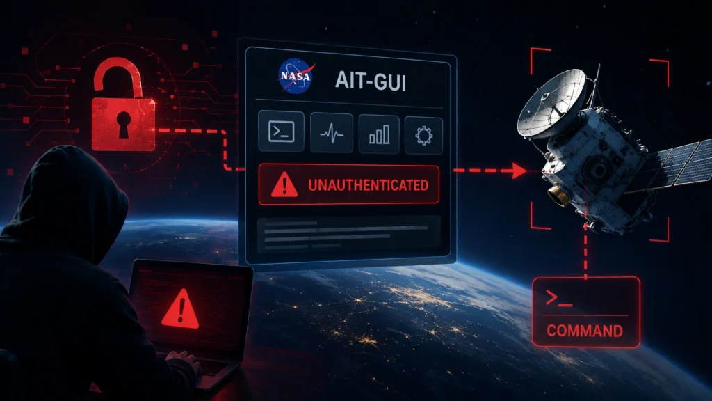 A hooded figure with a laptop tries to access a satellites command system, which displays NASAs AIT-GUI and UNAUTHENTICATED warnings, with digital locks and alert icons.