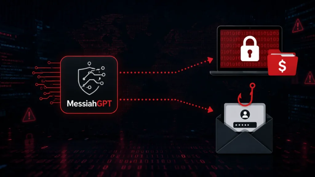 A digital graphic shows MessiahGPT logo connected by arrows to a locked laptop with a dollar sign and a phishing email with a hook, illustrating cyber threats like ransomware and phishing.