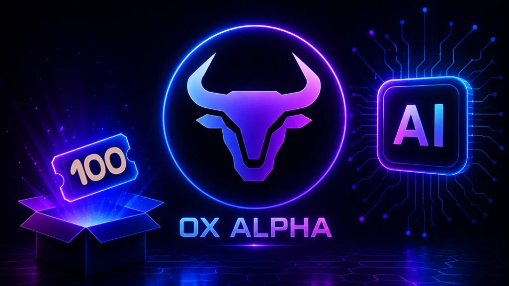 Neon bull head logo labeled OX ALPHA next to a glowing AI chip symbol and a ticket marked 100 emerging from an open box, all on a dark, futuristic background.