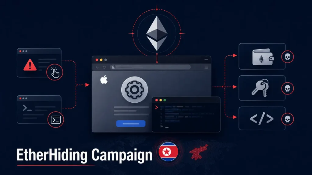Illustration depicting the EtherHiding Campaign, with a central browser window, Ethereum logo, warning symbols, wallet, keys, code icons, and a North Korean flag, representing cyber threats and cryptocurrency hacking.