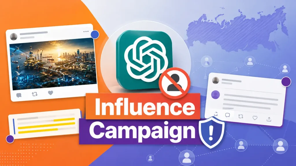 A graphic with Influence Campaign text, social media post illustrations, a shield icon, and the OpenAI logo, set against an orange and purple background with a map outline and connected user icons.