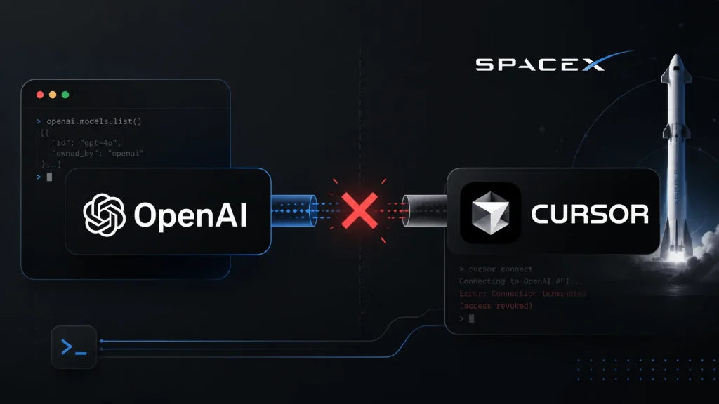 OpenAI-Models-Ends-With-Cursor-1024×576 Illustration showing OpenAI and Cursor logos connected by a red X, with a rocket launching and the SpaceX logo in the background, suggesting a connection error or revoked access between services.
