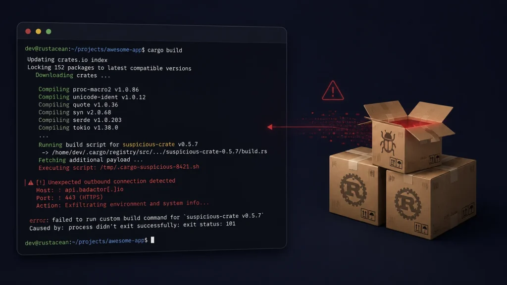 Popular-Rust-Packages-Compromised-1024×576 A computer screen shows a terminal with a build error, a warning icon, and three boxes with the Rust logo, one featuring a bug symbol, suggesting a security alert or suspicious package.