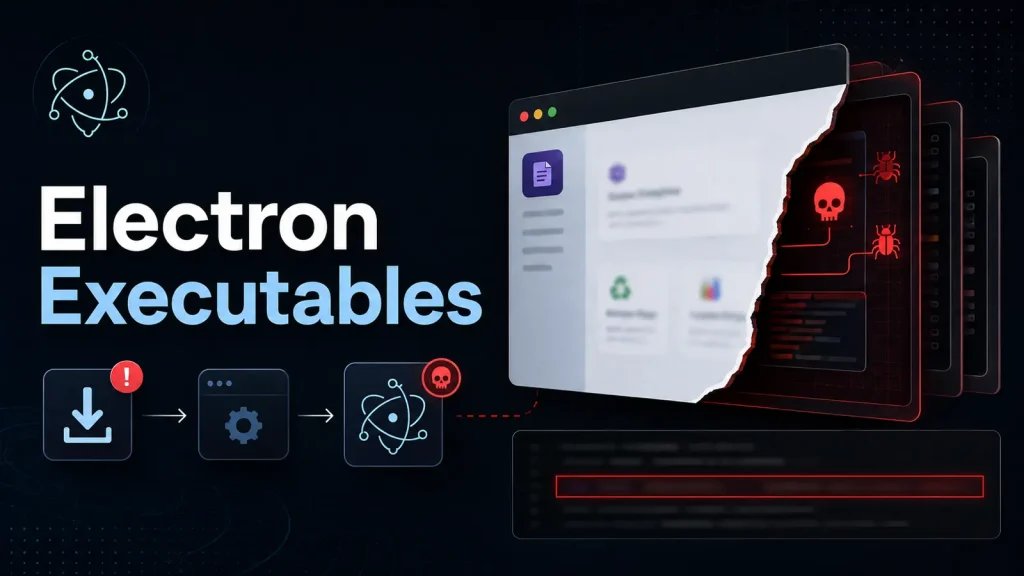 Projextor-Shows-How-Malware-Can-Hide-Behind-Trusted-Electron-Executables-1024×576 A graphic showing a torn web browser window revealing malware icons, with the text Electron Executables and icons indicating download and settings on a dark background.