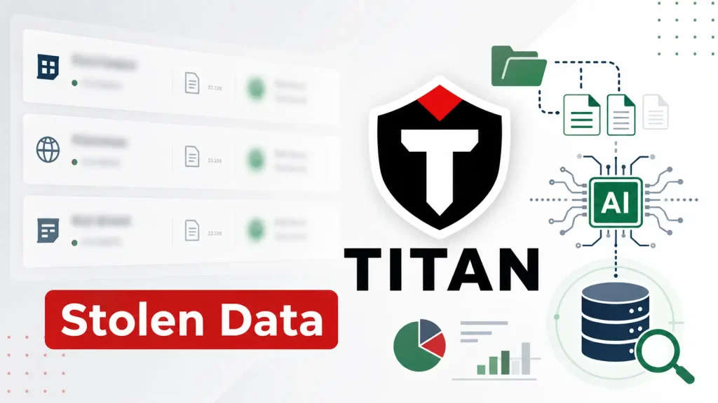 Ransomware-Gang-Claims-AI-Can-Analyze-700GB-of-Stolen-Data-Every-Hour-1024×576 Illustration showing TITAN logo, Stolen Data label, data icons, AI chip, folders, charts, and a database, suggesting AI-driven theft or analysis of stolen information.