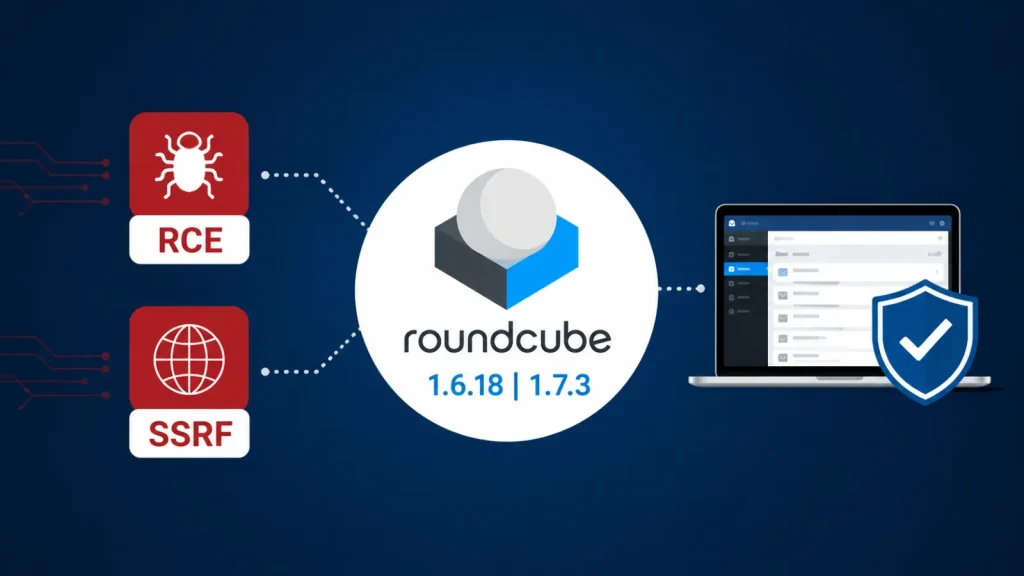 Roundcube-1.6.18-and-1.7.3-Released-With-Fix-for-RCE-and-SSRF-Vulnerabilities–1024×576 Diagram showing RCE and SSRF cyber threats targeting Roundcube versions 1.6.18 and 1.7.3, with a laptop displaying email and a security shield icon.