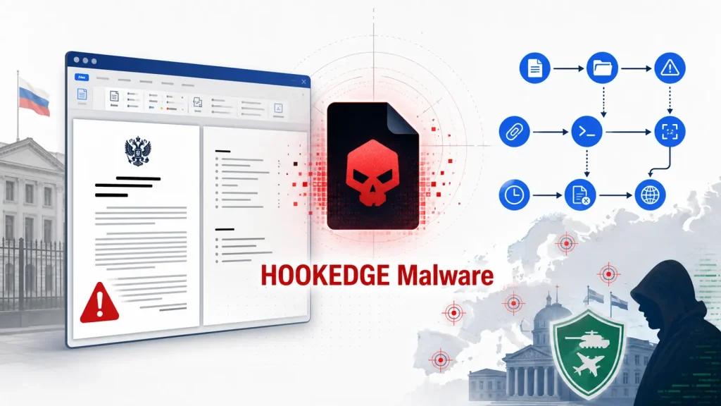 Russian-Hackers-Use-New-HOOKEDGE-Malware-to-Spy-on-European-Defense-and-Diplomatic-Targets-1024×576 Graphic showing a Russian document, a red malware icon with a skull, flowchart symbols, and a hooded figure near government buildings. Text reads HOOKEDGE Malware..