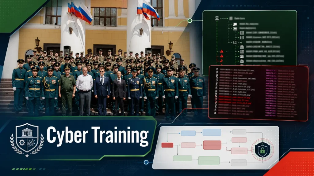 Russian-University-Leak-Exposes-GRU-Cyber-Training-Pipeline-Behind-APT28-and-Sandworm-1024×576 A large group in military uniforms stands on steps with Russian flags. Overlays show code, cybersecurity graphics, and the text Cyber Training with a shield icon.