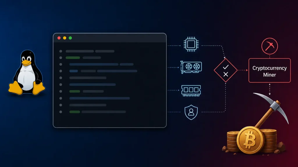A diagram showing a Linux OS, code editor, hardware icons, and a cryptocurrency miner symbol with bitcoins and a pickaxe, illustrating crypto mining on Linux.