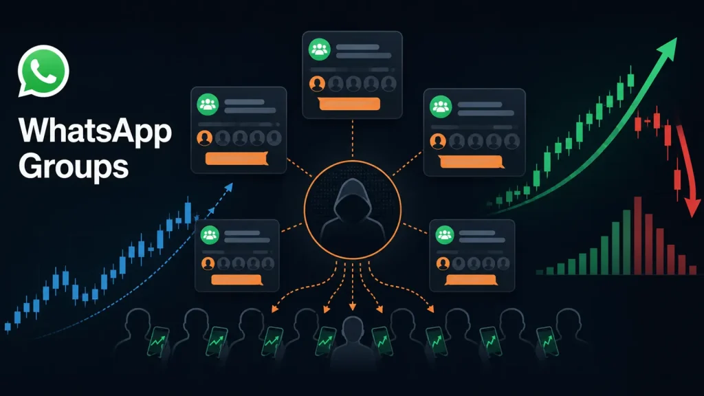A hooded figure connects to multiple WhatsApp groups, with charts showing rising and falling trends, highlighting group influence on market movements.