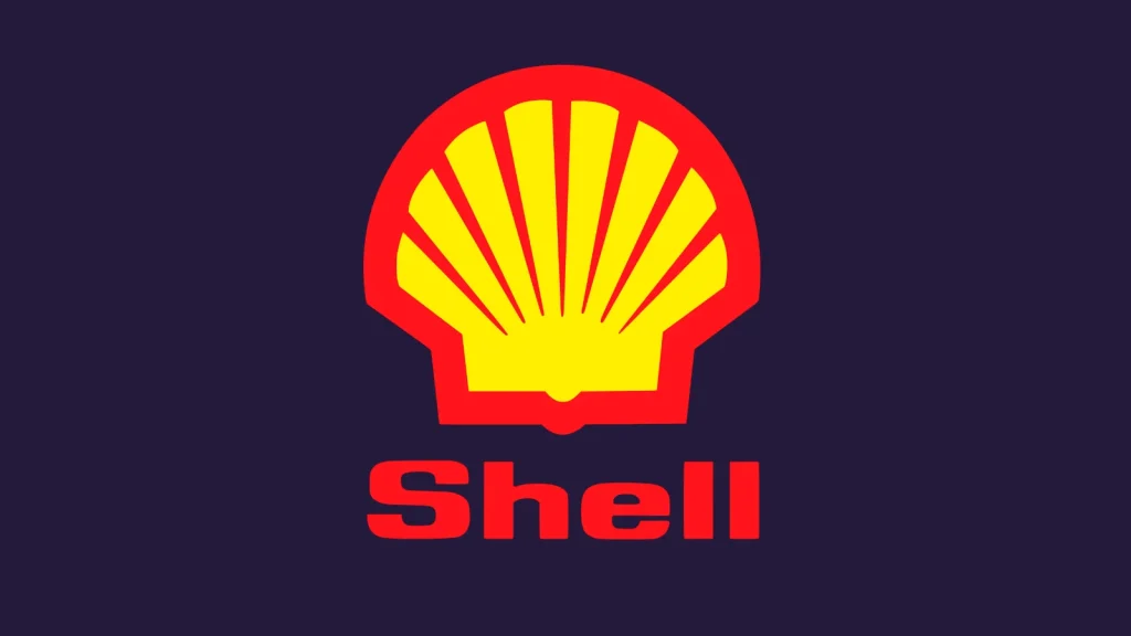 A yellow and red stylized shell logo appears above the word Shell in bold red letters on a dark blue background.