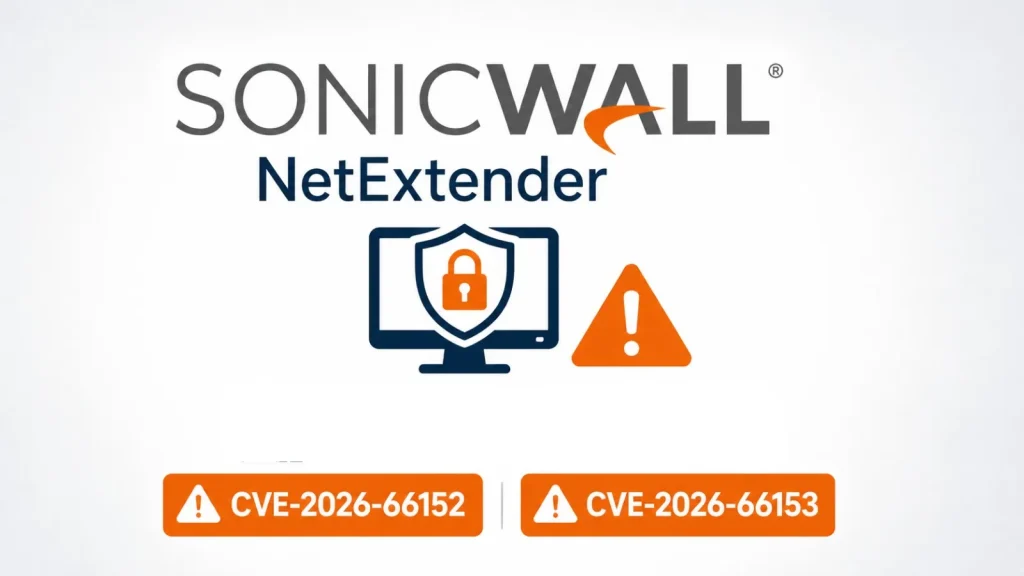 SonicWall NetExtender logo with a computer, shield, and warning icon. Two orange boxes display: CVE-2026-66152 and CVE-2026-66153.