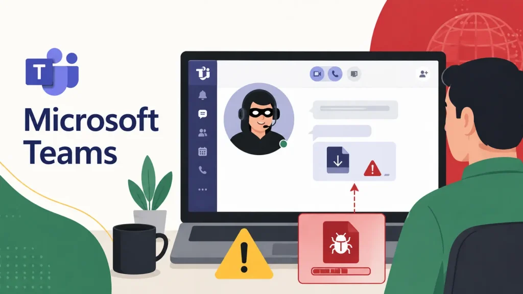Illustration of a person using Microsoft Teams on a laptop, receiving a suspicious message from a masked user. Warning icons and a malware alert appear on the screen, suggesting a cybersecurity threat.