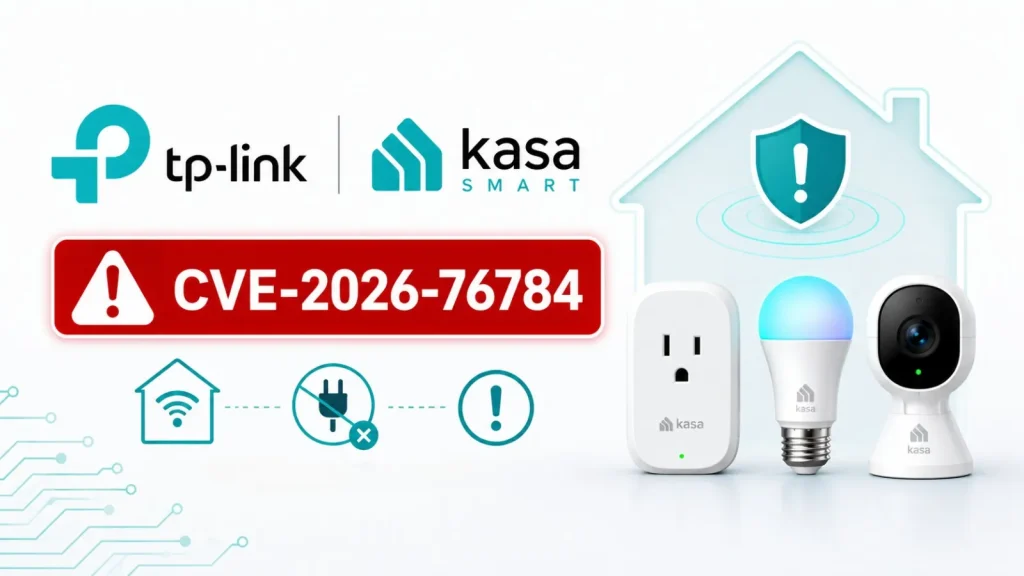 TP-Link-Kasa-Smart-Home-Devices-Vulnerability-Allow-Attackers-to-Disrupt-device-functionality-1024×576 Alert for CVE-2026-76784 vulnerability affecting TP-Link Kasa Smart devices, with images of a smart plug, bulb, and camera, and icons for security and connectivity warnings.