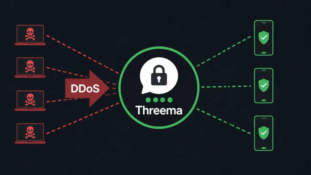 Threema-secure-messaging-service-Hit-by-Massive-DDoS-Attack-1024×576 Diagram showing a DDoS attack from four computers with red skull icons targeting the Threema app, while four smartphones with green check marks remain protected.
