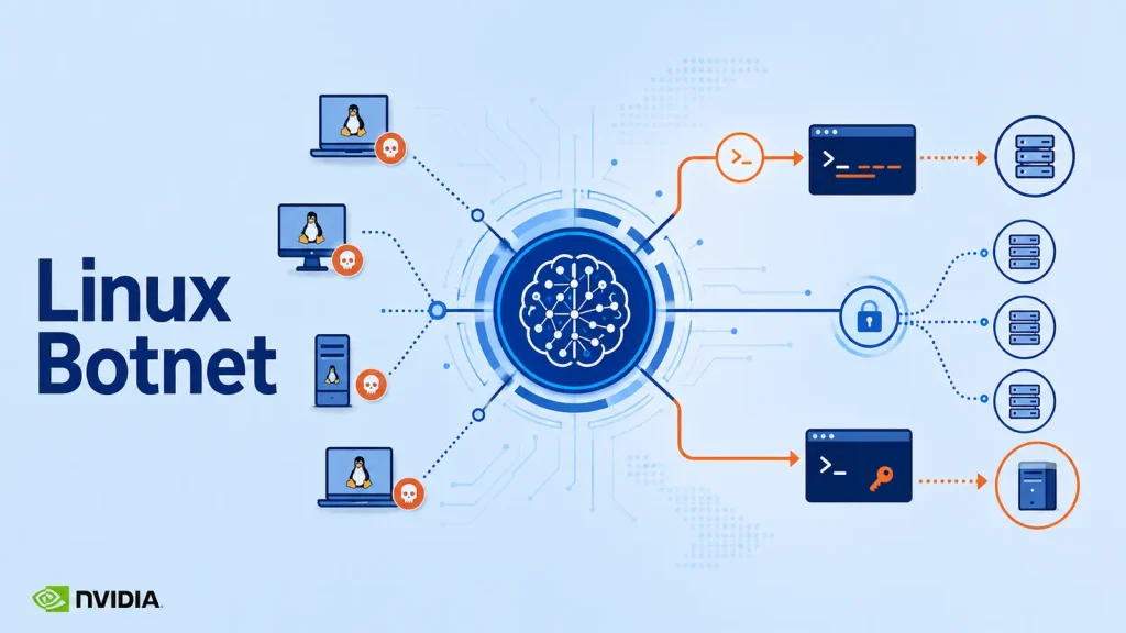 ToxNetV2-Linux-Botnet-Uses-NVIDIA-AI-to-Generate-Shell-and-Remote-SSH-Attack-Actions-1024×576 Diagram showing a Linux Botnet with infected computers connecting to a central node, which links to multiple servers, illustrating a network-based cyberattack.