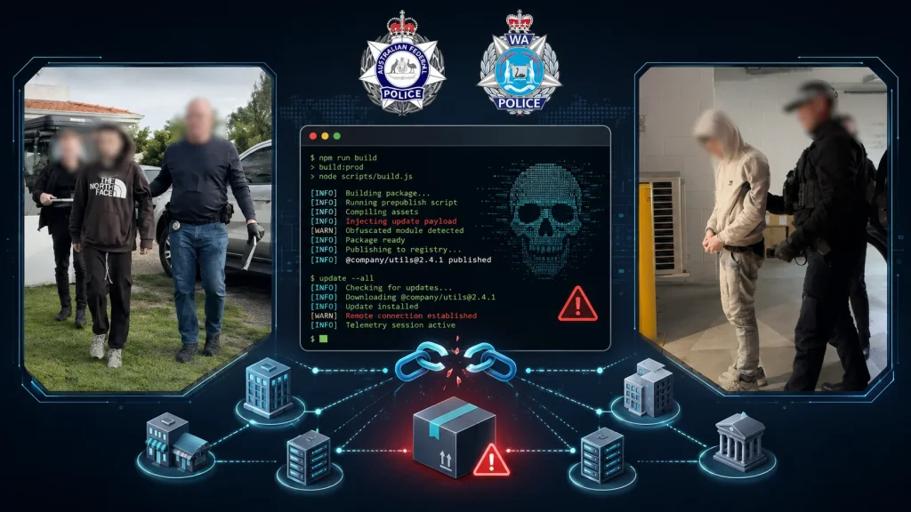 Two-Australians-TeamPCP-Supply-Chain-1024×576 Two blurred arrest photos, police badges above a central screen showing a hacking alert, with warning icons and network nodes below, representing a cybercrime investigation and arrests.