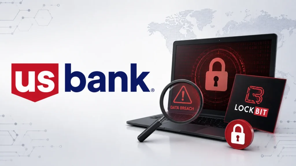 US-Bank-Investigationg-Data-Breach-Following-LockBit-Ransomware-Claim-1024×576 US Bank logo next to a laptop with a red padlock icon, a magnifying glass over DATA BREACH, and a LockBit screen, suggesting a cybersecurity breach or hacking incident.