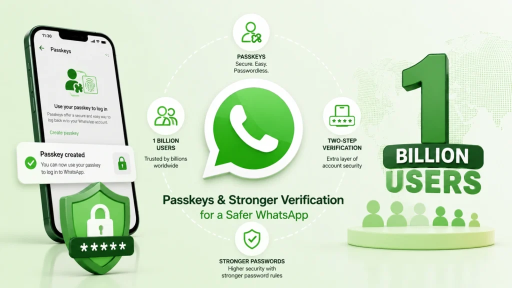 WhatsApp-Passkeys-1-Billion-Users-1024×576 WhatsApp infographic highlighting 1 billion users, new passkey and two-step verification features, and stronger password security, aimed at safer user experiences.
