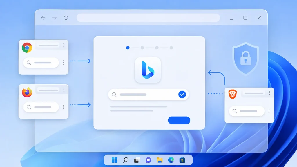 Windows-11-Default-Search-App-1024×576 Illustration of a web browser window showing Bing in the center, with arrows connecting to Chrome, Firefox, and Brave browser logos. Security shield icon is on the right. Windows 11 taskbar appears at the bottom.