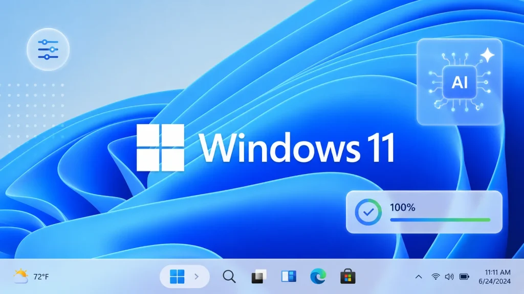Windows-11-Quality-Initiative-1024×576 Windows 11 home screen with blue abstract background, centered Windows 11 logo, AI chip icon, and taskbar at the bottom showing various app icons, weather (72°F), date (6/24/2024), and time (11:11 AM).