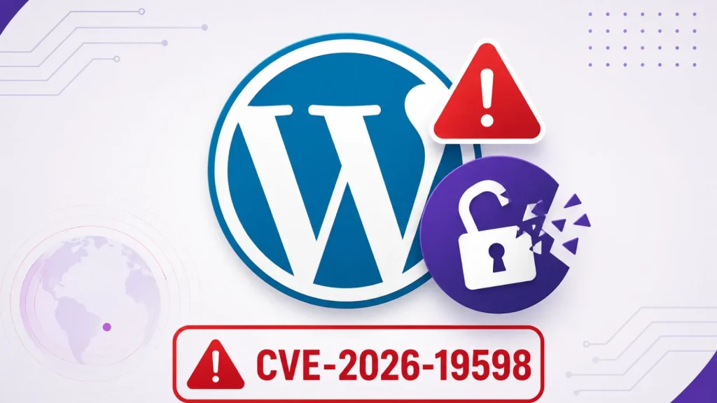 WordPress logo with warning icons, a broken padlock symbol, and a red alert box labeled CVE-2026-19598, suggesting a security vulnerability.