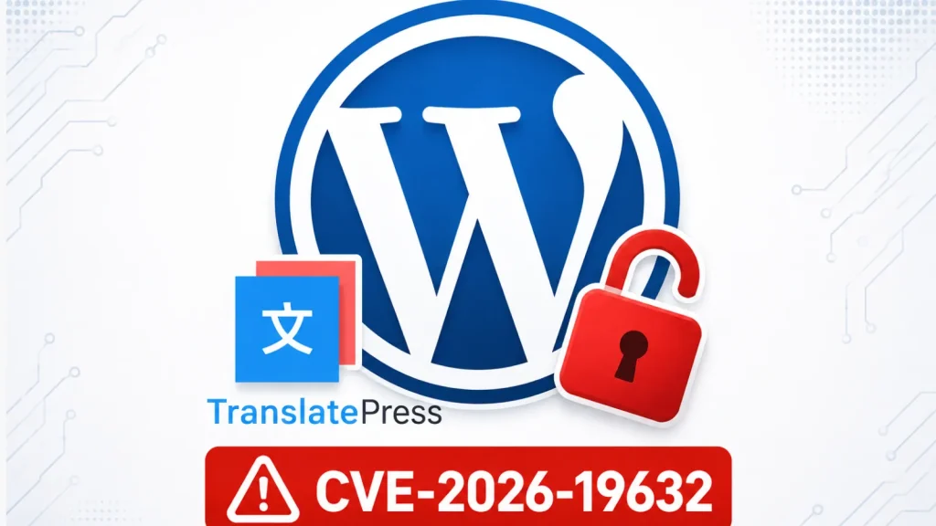 WordPress-Plugin-Vulnerability-Exposes-400000-Sites-to-Account-Takeover-Attacks-1024×576 WordPress logo with TranslatePress icon, an open red padlock, and a warning label reading CVE-2026-19632, indicating a security vulnerability associated with the TranslatePress plugin for WordPress.