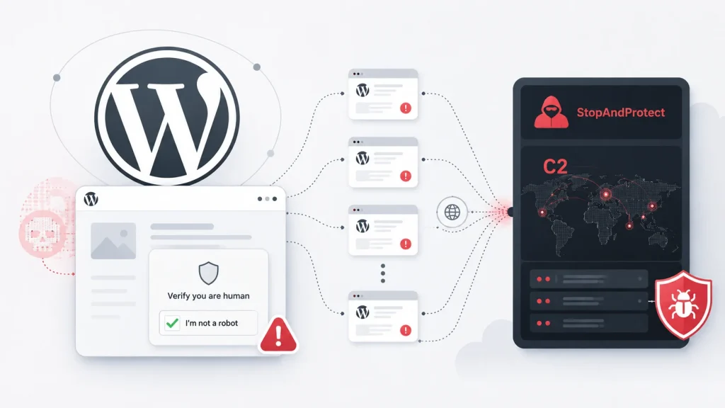 WordPress-Sites-StopAndProtect-Malware-1024×576 Diagram showing a WordPress logo linked to several accounts and a malicious StopAndProtect control panel, illustrating security threats and a CAPTCHA verification step.